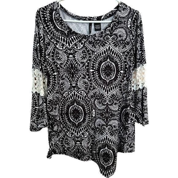New Directions Women’s Blouse Top Lace Detail Pullover White Black Size‎ Medium - Picture 1 of 4
